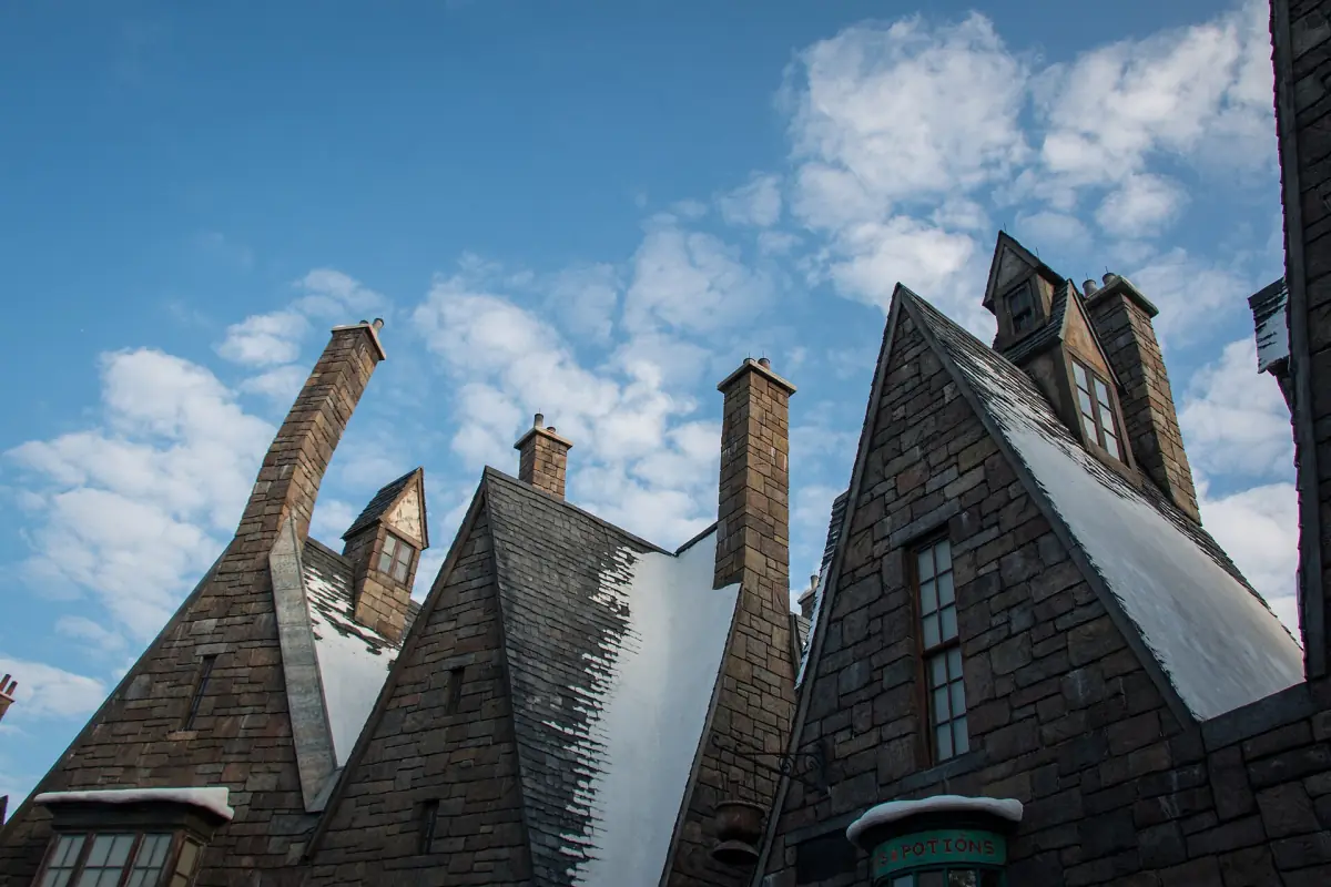 Snow-capped roofs of Hogsmeade at Islands of Adventure
