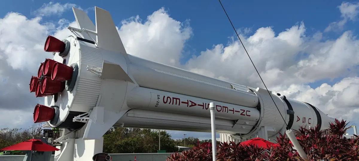 A rocket on its side at the Kennedy Space Center Visitor Complex