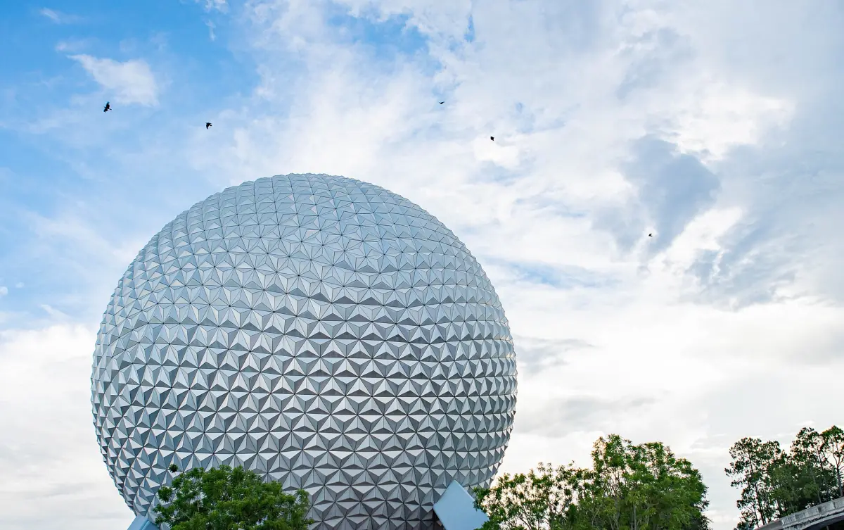 Spaceship Earth at EPCOT under a blue sky