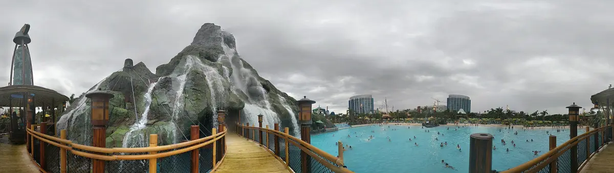The volcano and wave pool at Volcano Bay
